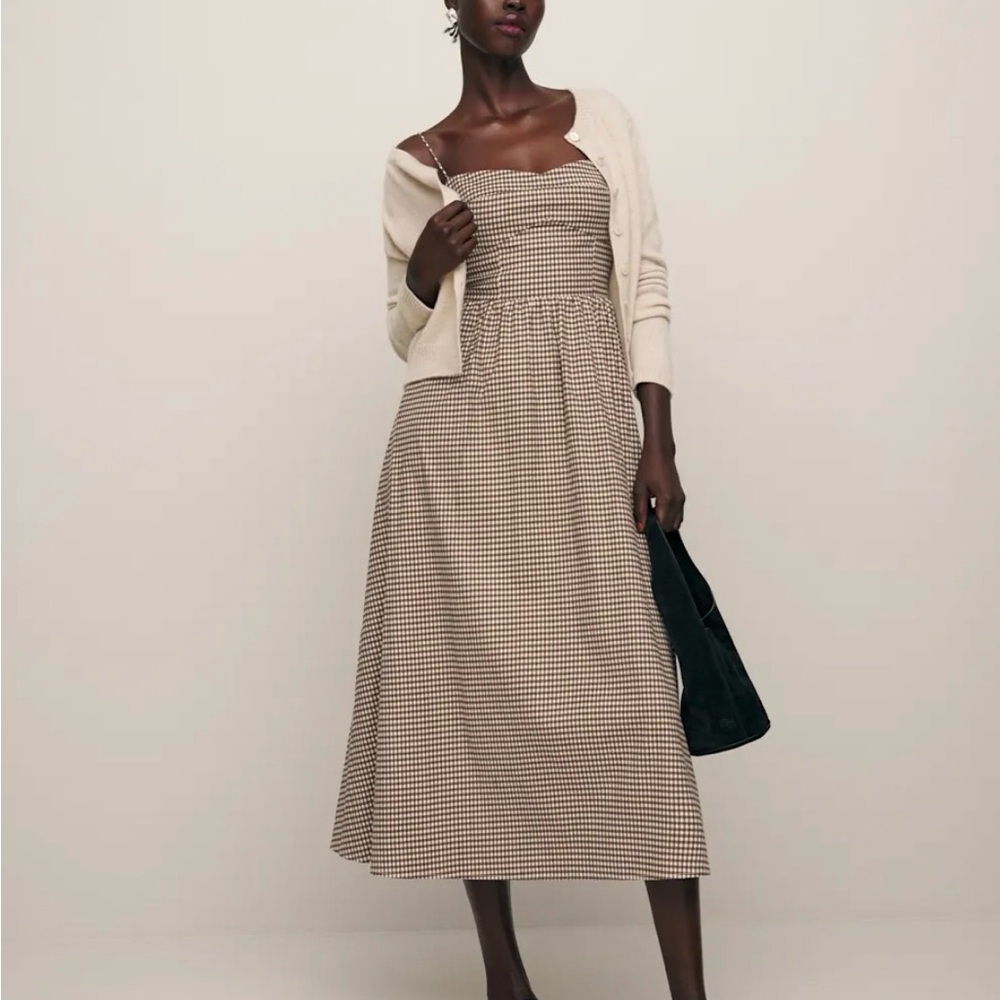 Reformation Vinny Dress - Beige Gingham Smocked Midi Dress
